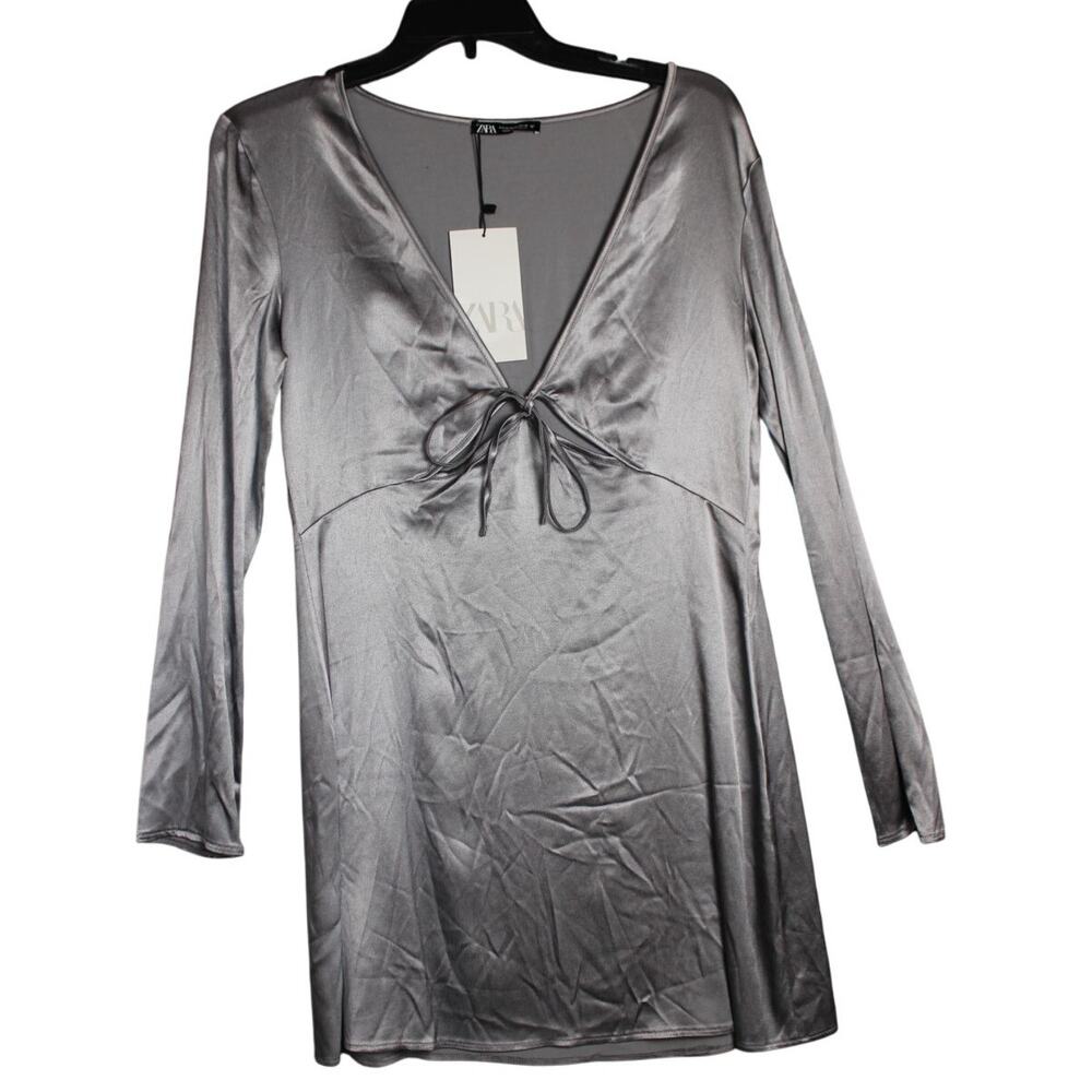 NWT Zara Silver Tone Mini Dress Plunge Tie Neckline Long Sleeve‎ Size Medium